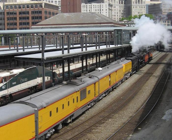 Portion of steam train visible in station